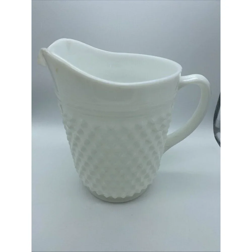 Unmarked Milk Glass Hobnail Pitcher 8 in Tall White Vintage 80s